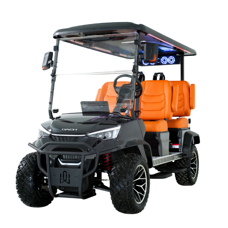 Black golf cart with orange seats.