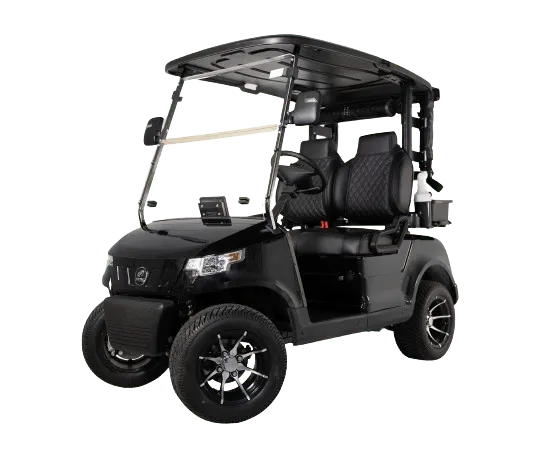 Sleek black golf cart with roof and comfortable seating.
