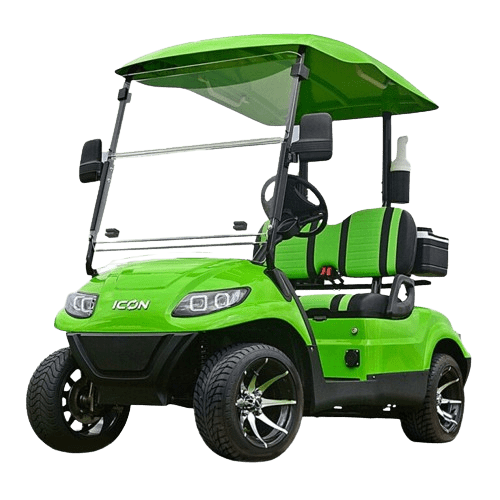 Bright green ICON golf cart with sleek design and tinted windshield.