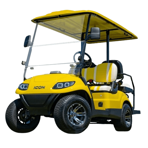A bright yellow golf cart with a canopy and black wheels.