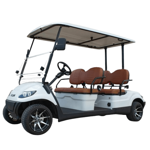 White electric golf cart with brown seats and canopy.