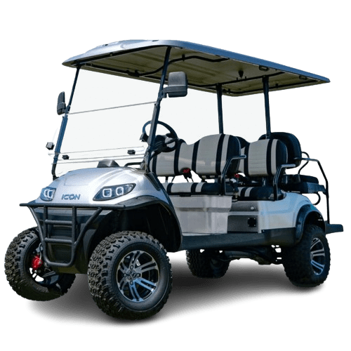 A rugged golf cart with four seats and a sunshade roof.