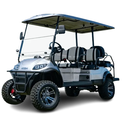 A rugged golf cart with four seats and a sunshade roof.