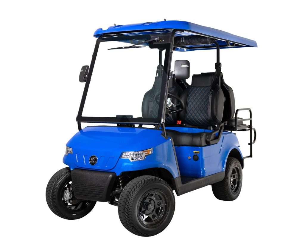 A blue off-road golf cart with a roof and rugged tires.