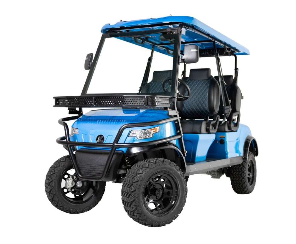 Blue all-terrain golf cart with roof and off-road tires.