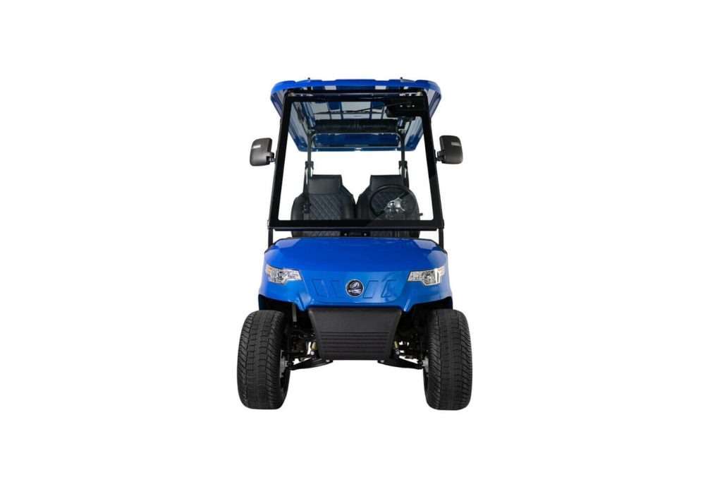 Front view of a blue golf cart with two seats and a roof.