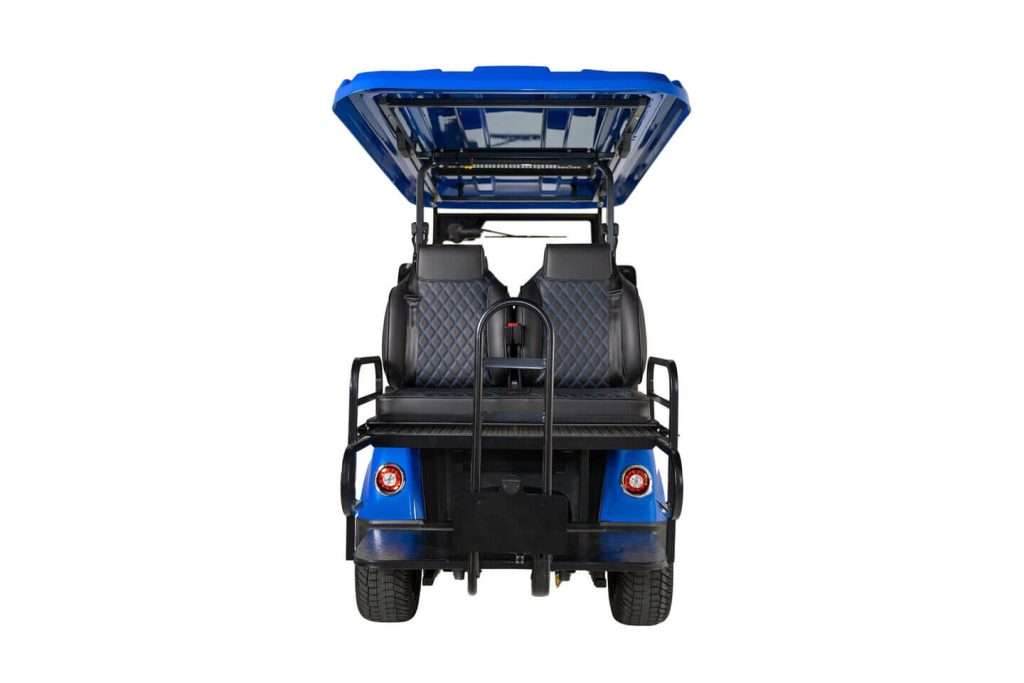 Blue golf cart with black seats and roof, viewed from the front.
