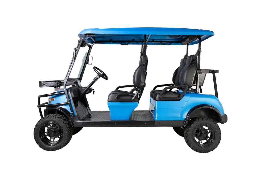 Blue golf cart with four seats and a canopy roof.