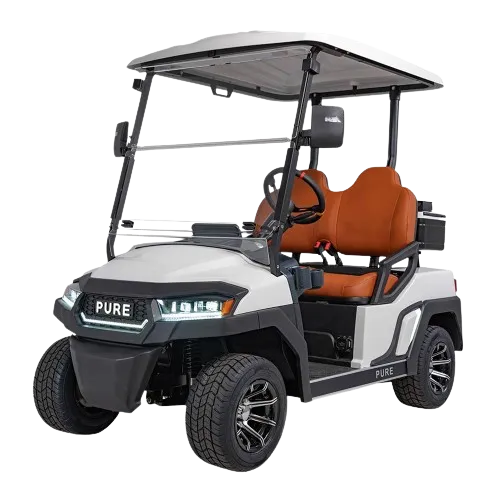 A compact off-road utility vehicle with a roof and orange seats.