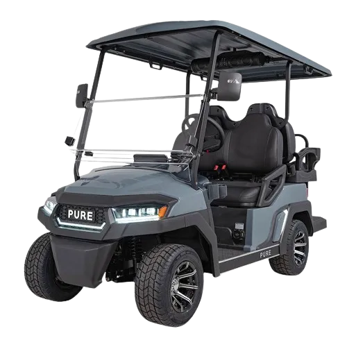Modern black golf cart with roof and off-road tires.