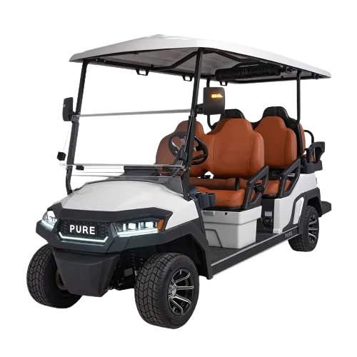 A white golf cart with brown seats and a roof.