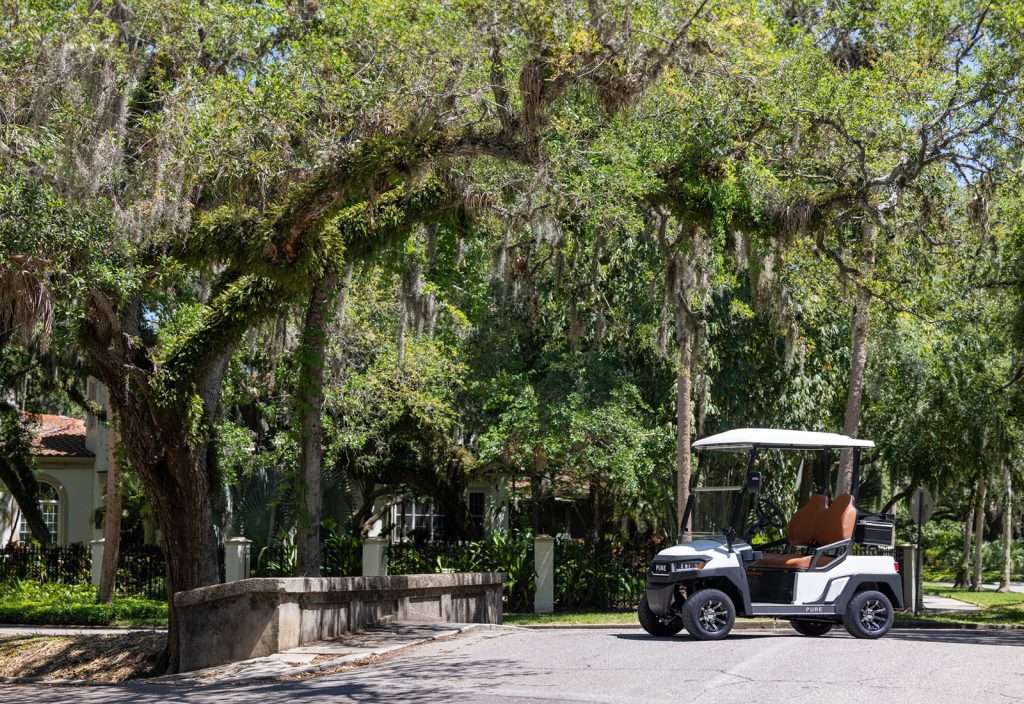 Golf cart driving on a shaded path under large trees.