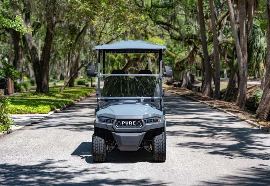 A black golf cart parked on a tree-lined road.