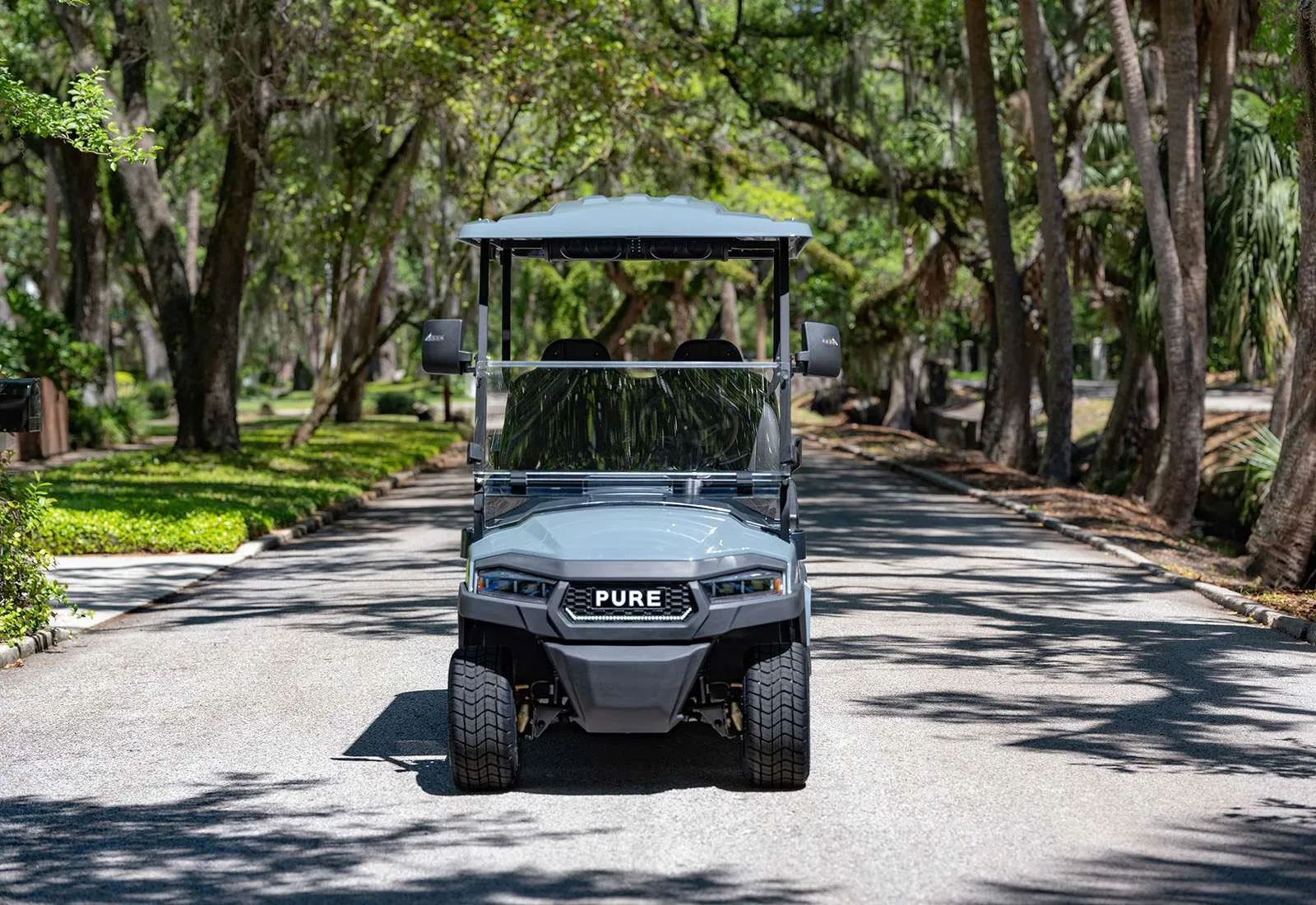 A black golf cart parked on a tree-lined road.