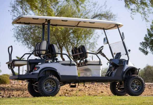 Black and white golf cart parked on grass near desert trees.