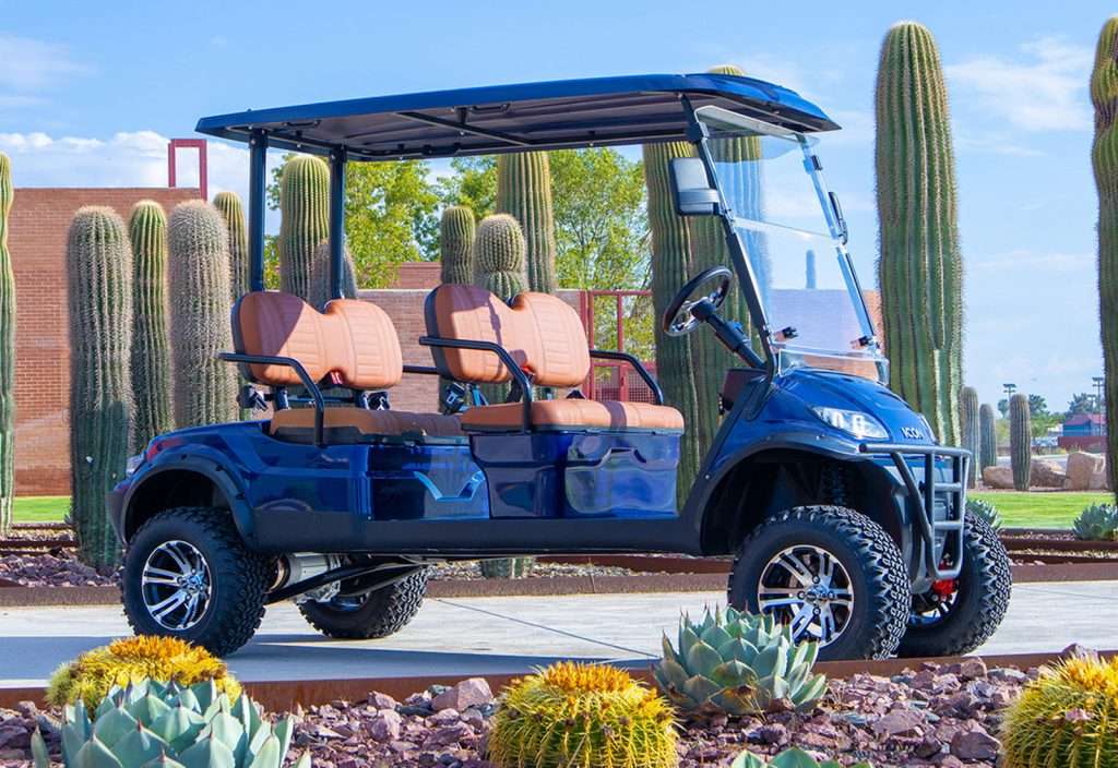 Blue golf cart parked in a desert landscape with cacti.