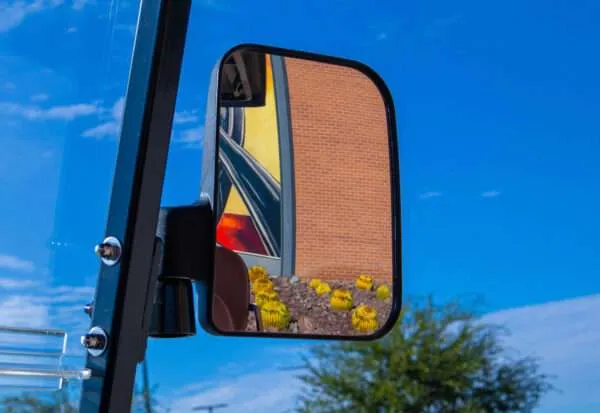 Side mirror reflecting a colorful building and flowers under a bright blue sky.