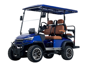 Blue golf cart with brown seats and a roof.