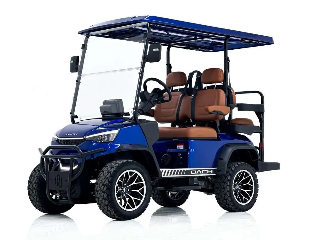 A sleek blue golf cart with a roof and comfortable seats.