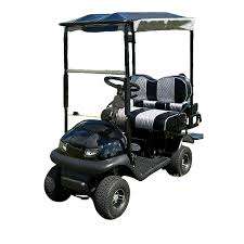 Black golf cart with roof and two seats.