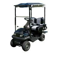 Black golf cart with roof and two seats.