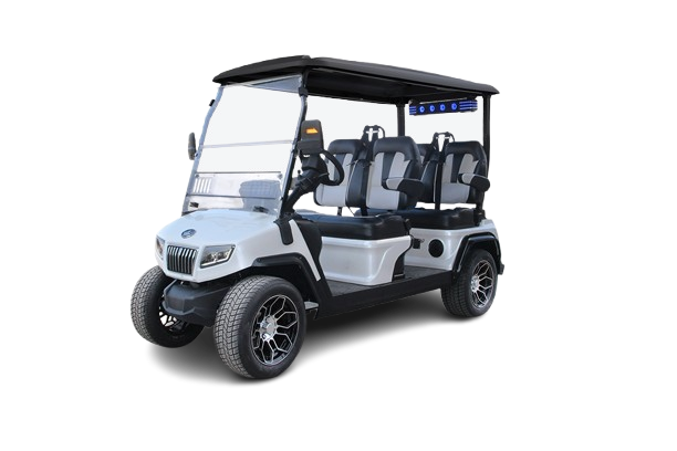 A silver six-seater golf cart with a windshield and roof.