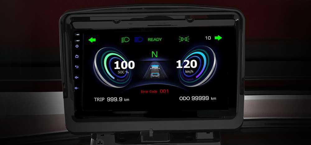 Car dashboard showing speed and navigation information.