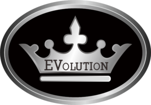 A silver crown with the word 'EVOLUTION' beneath it on a black background.