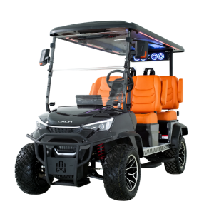 A sleek black golf cart with bright orange seats and a roof.