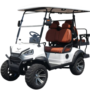 Sleek white golf cart with brown seats and rugged tires.