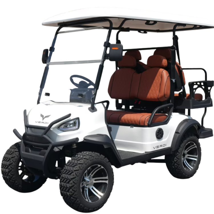 Sleek white golf cart with brown seats and rugged tires.