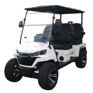 A white golf cart with a black roof and off-road tires.