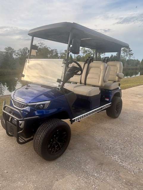 Blue golf cart with beige seats parked on a driveway under a clear sky.