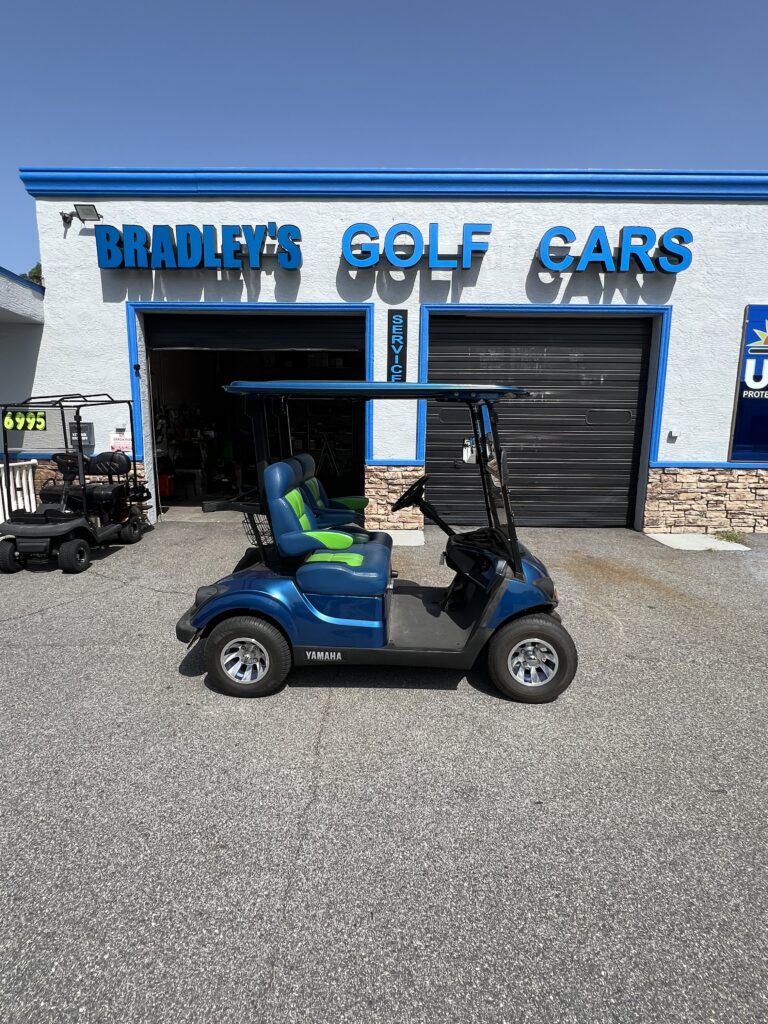 Blue golf cart parked outside Bradley's Golf Cars